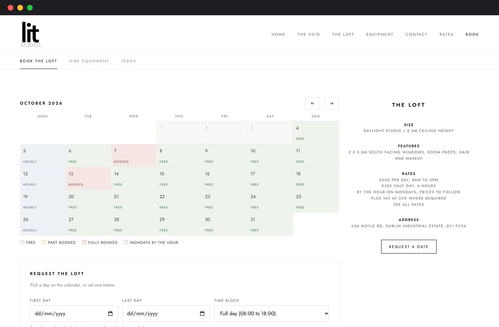 The Lit Studios online booking calendar for The Loft